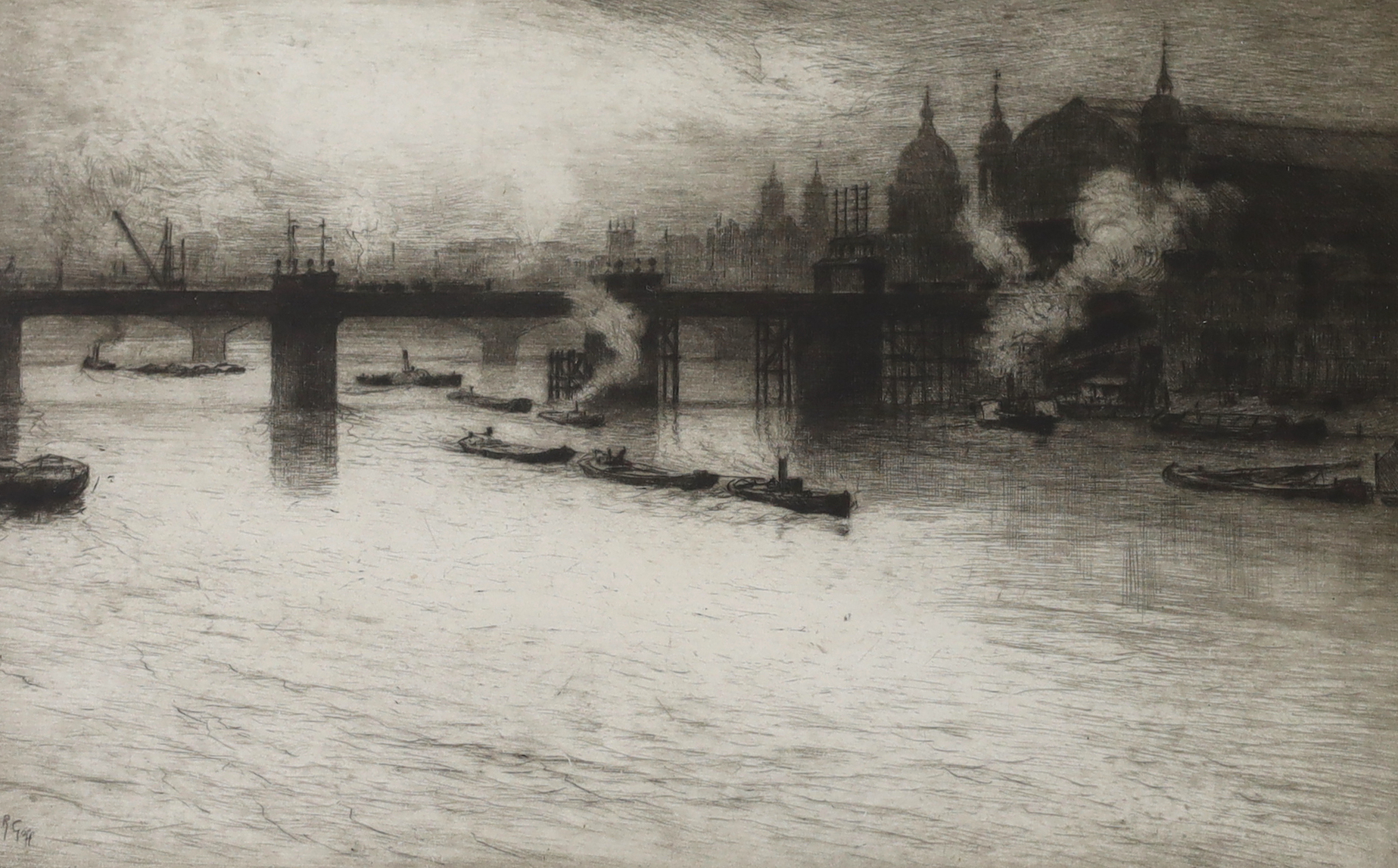 Robert Charles Goff (1837-1922), etching, 'Boats on the river Thames, Charing Cross', signed in pencil, label verso, 27 x 18cm